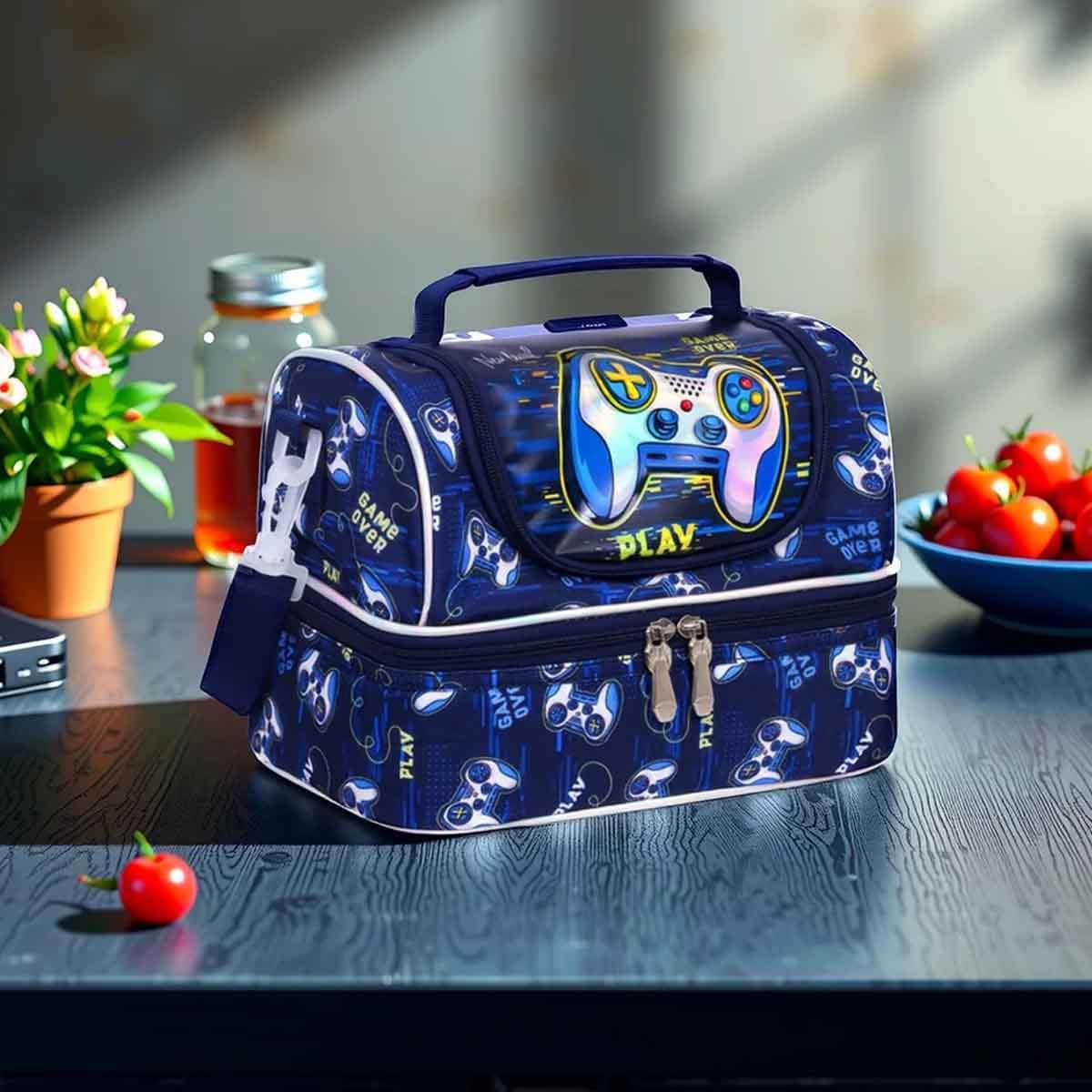 Eazy Kids Dual Compartment Blue Lunch Bag Gamer