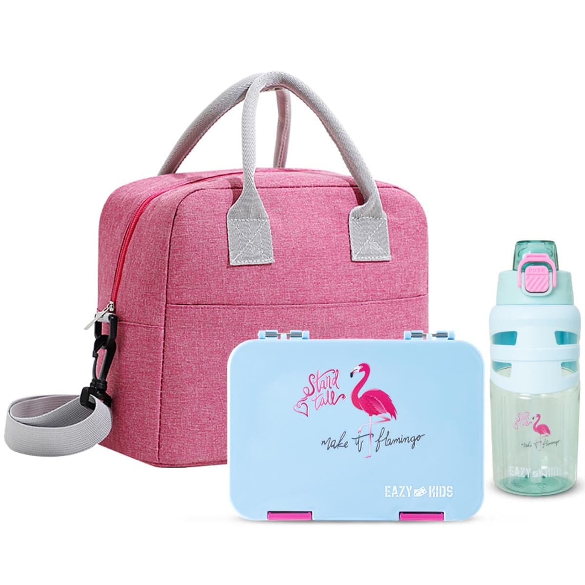 Eazy Kids Flamingo Aqua 4-Compartment Bento Lunch Box & Insulated Lunch Bag with 750ml Water Bottle