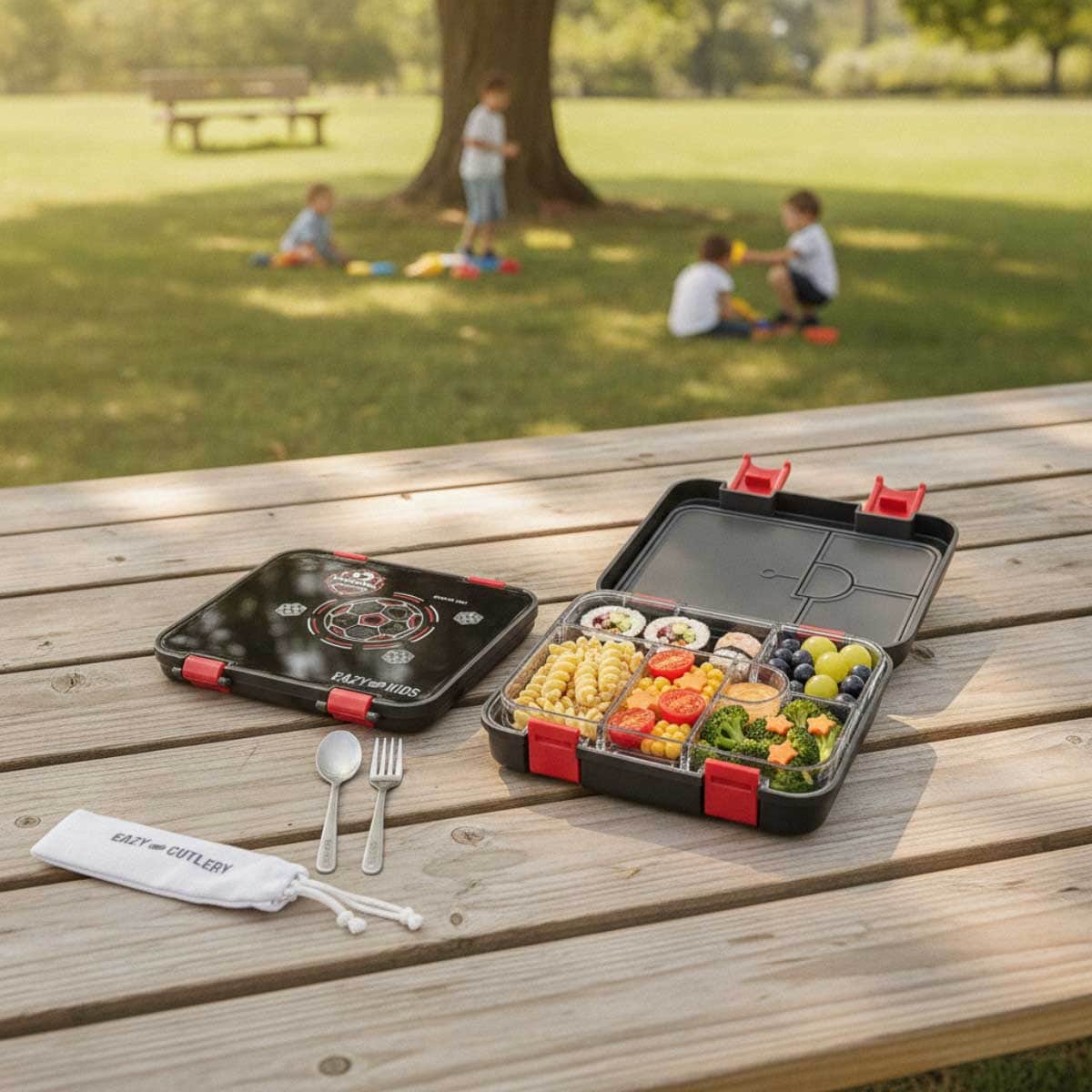 Eazy Kids Football 6 & 4 Convertible Bento Lunch Box with Steel Spoon & Fork Set