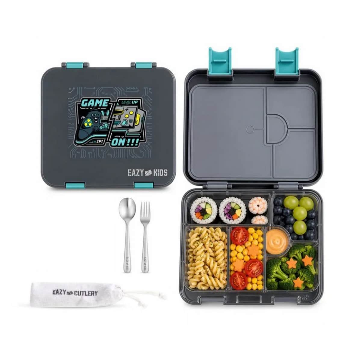 Eazy Kids Game ON 6 & 4 Convertible Bento Lunch Box with Steel Spoon & Fork Set