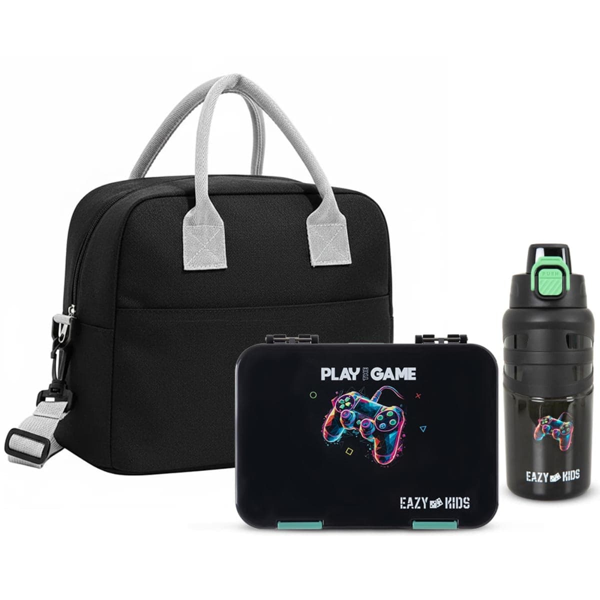 Eazy Kids Gamer 4-Compartment Bento Lunch Box & Insulated Lunch Bag with 750ml Water Bottle