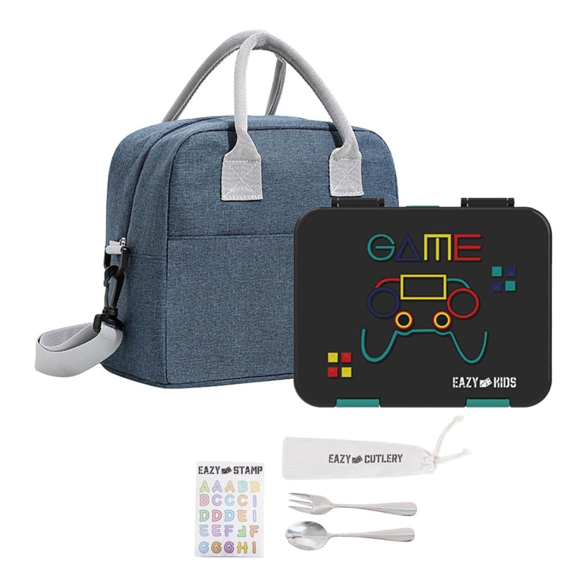 Eazy Kids Gamer 6 & 4 Convertible Bento Lunch Box with Lunch Bag, Spoon, Fork & Alphabet Stickers Set