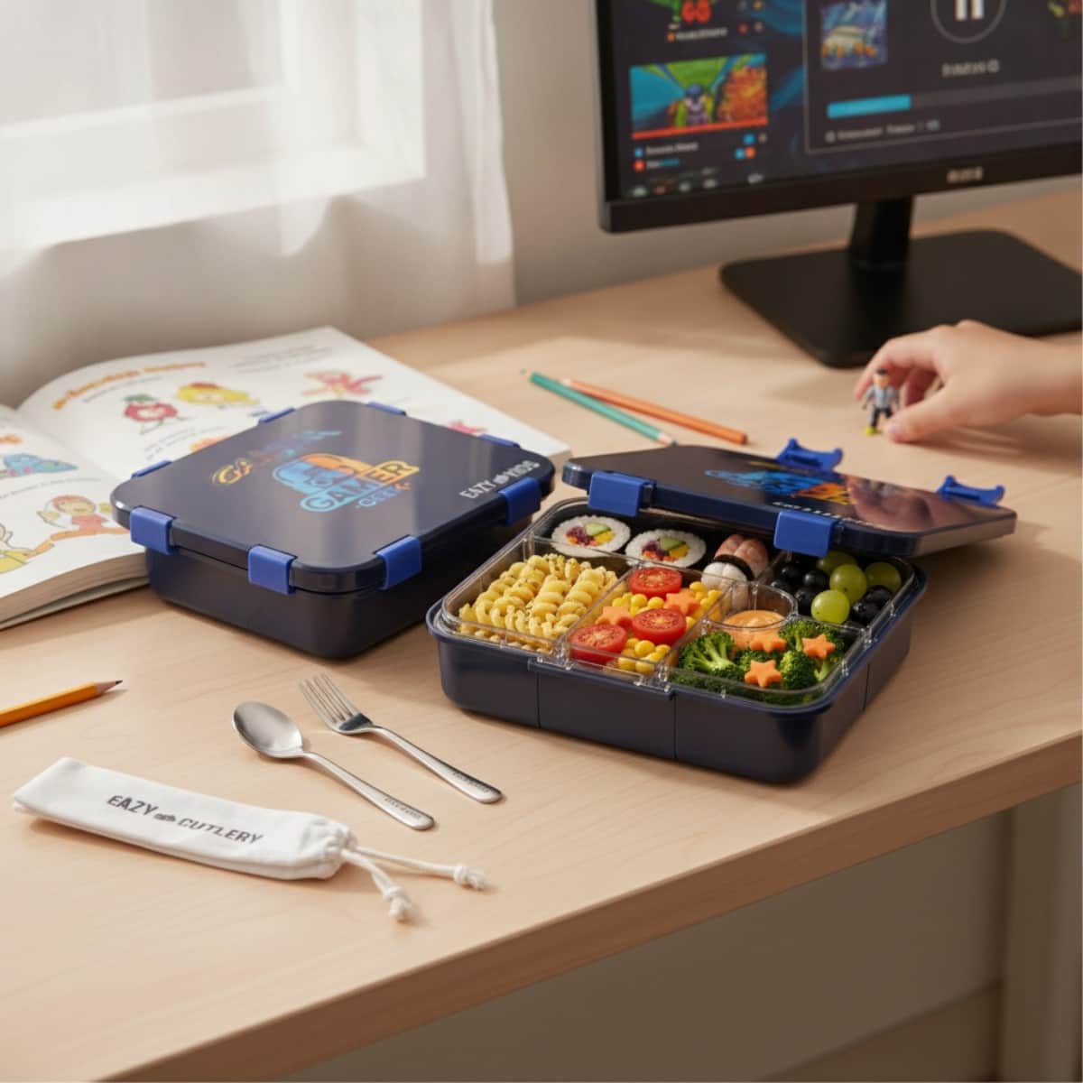 Eazy Kids Gamer 6 & 4 Convertible Bento Lunch Box with Steel Spoon & Fork Set