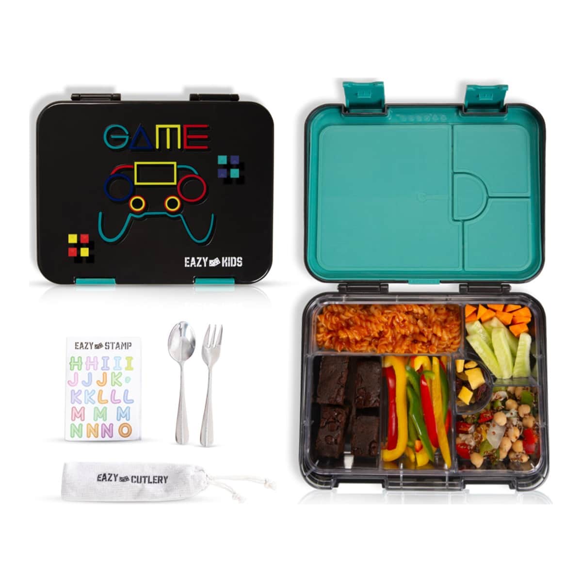 Eazy Kids Gamer 6 & 4 Convertible Bento Lunch Box with Water Bottle, Spoon, Fork & Alphabet Stickers Set