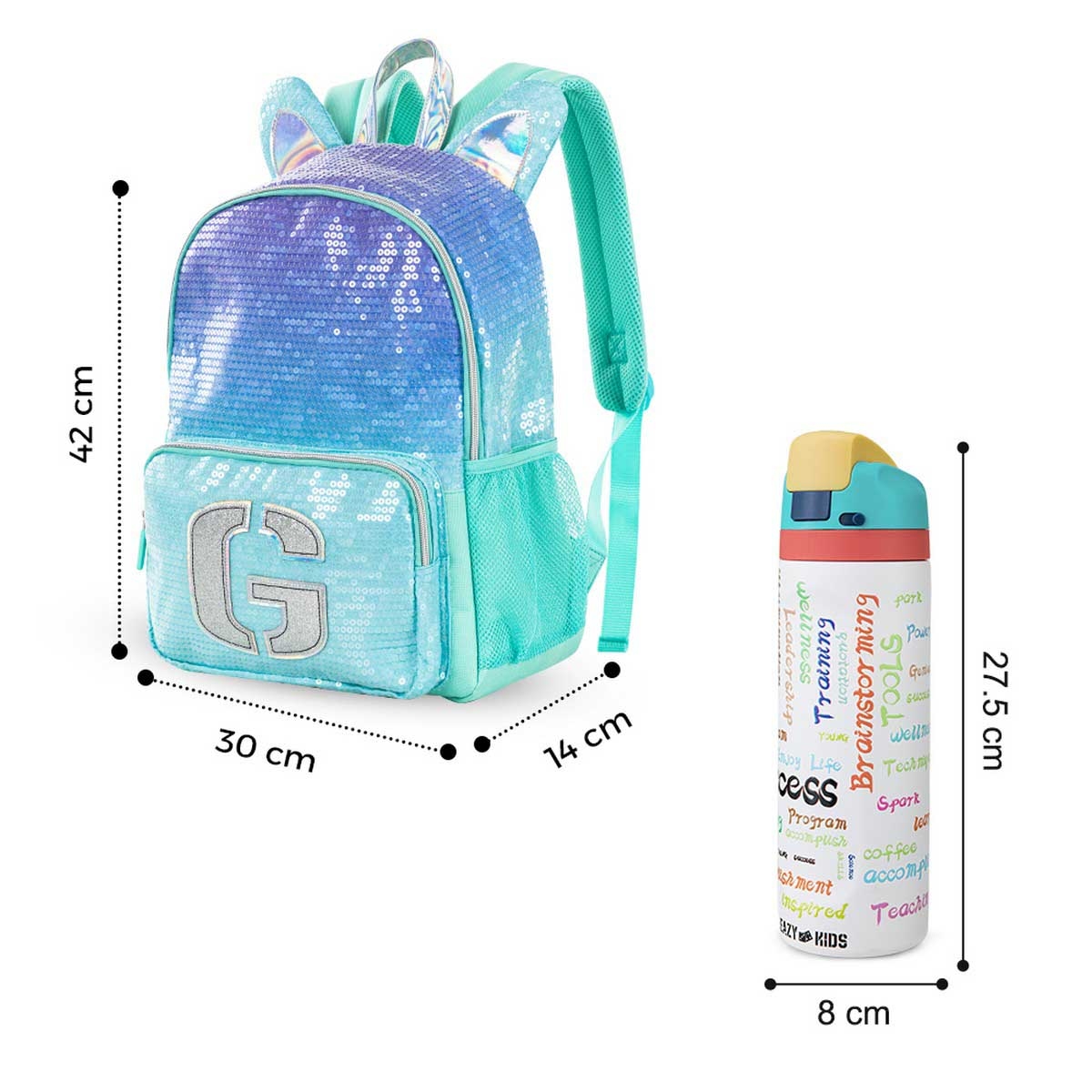 Eazy Kids Girl Glitter School Bag with Stainless Steel Water Bottle