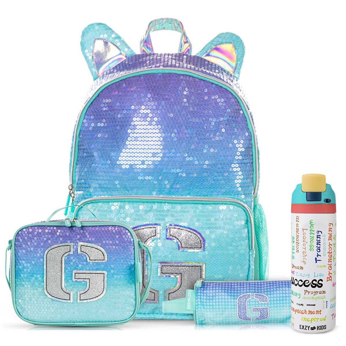 Eazy Kids Girl Glitter School Bag with Stainless Steel Water Bottle