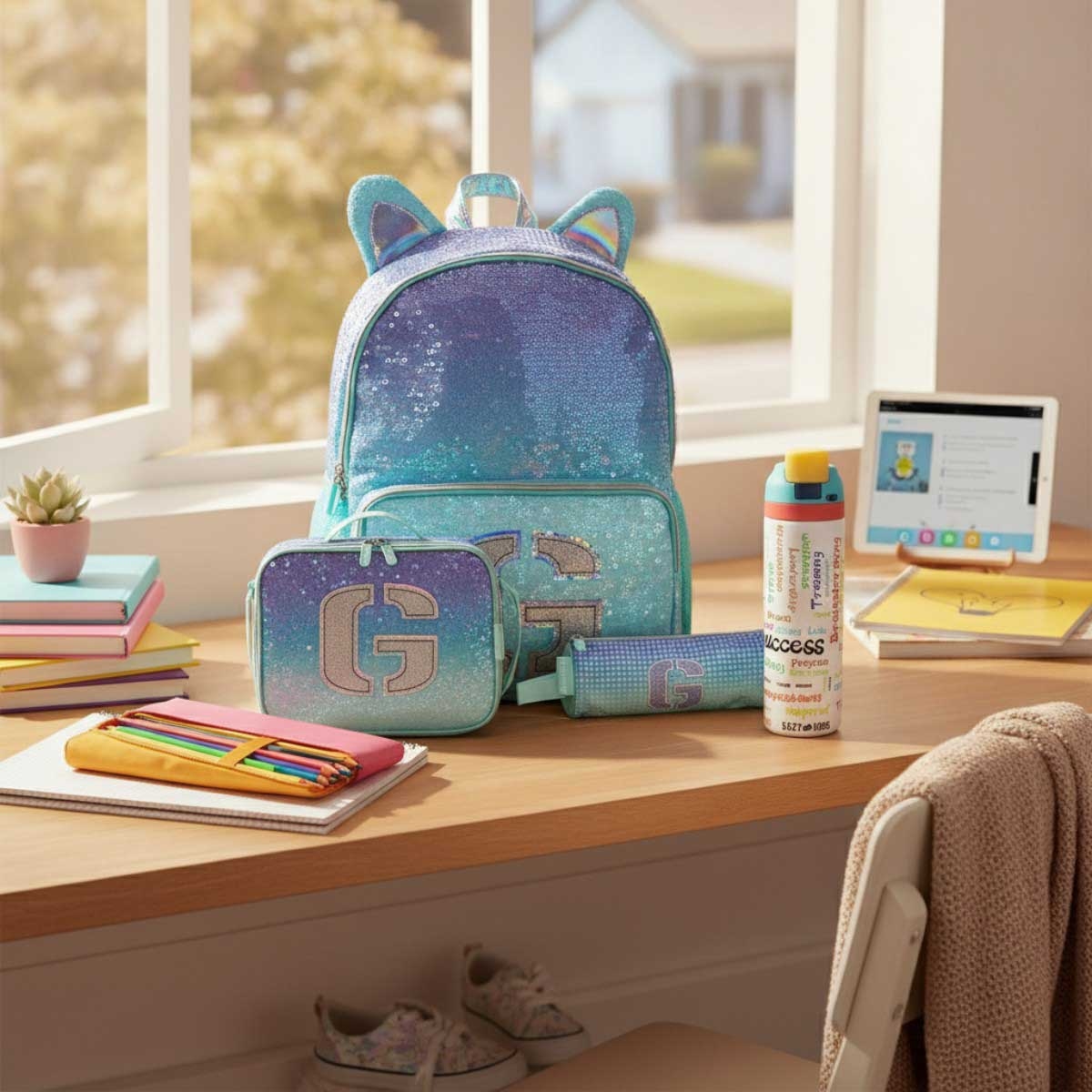 Eazy Kids Girl Glitter School Bag with Stainless Steel Water Bottle