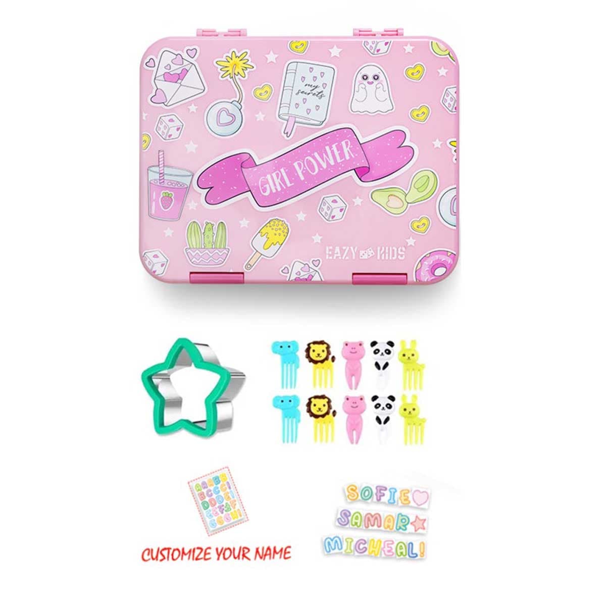 Eazy Kids Girl Power 5 & 4 Convertible Bento Lunch Box with Sandwich Cutter Set