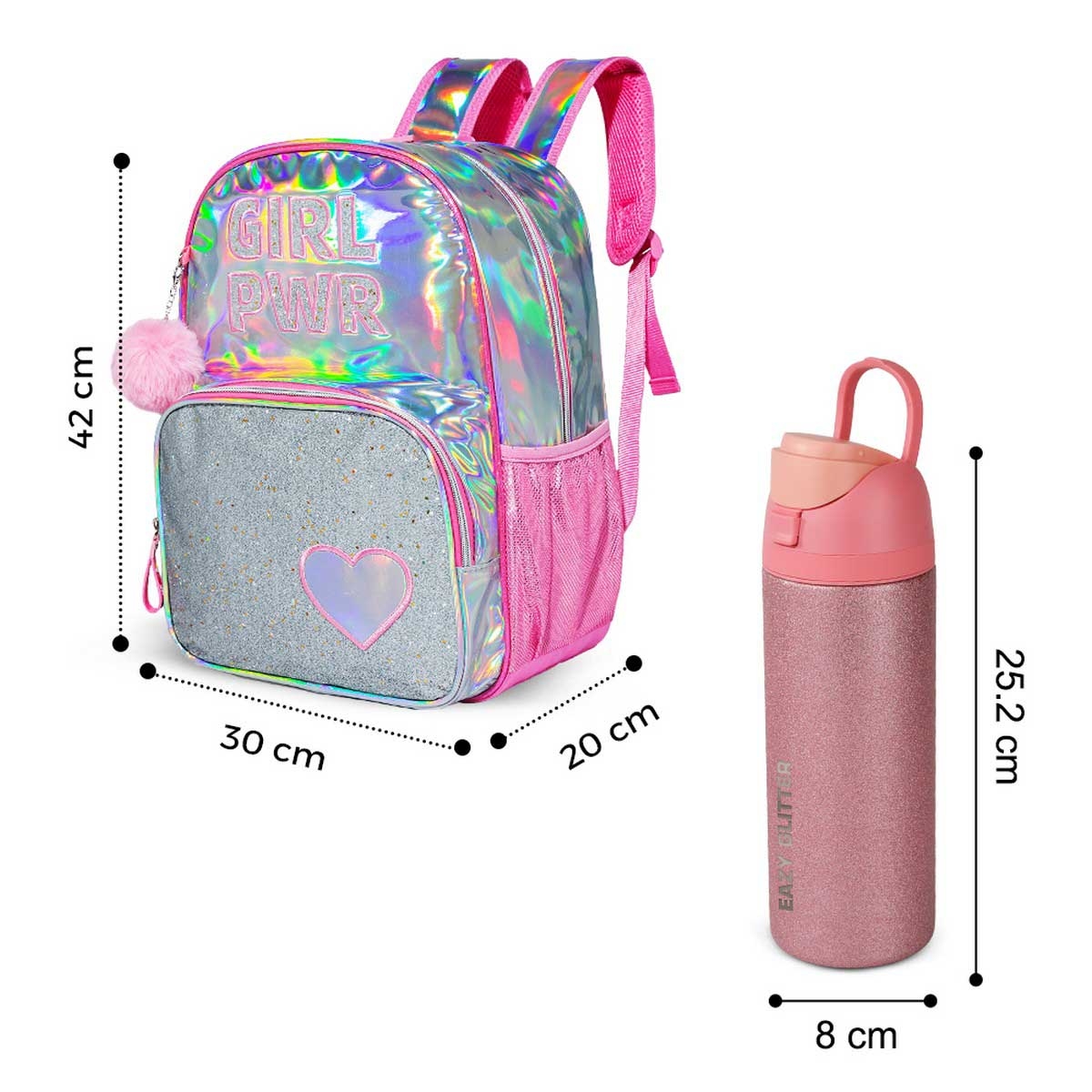 Eazy Kids Girl Power School Bag with Glitter Stainless Steel Water Bottle