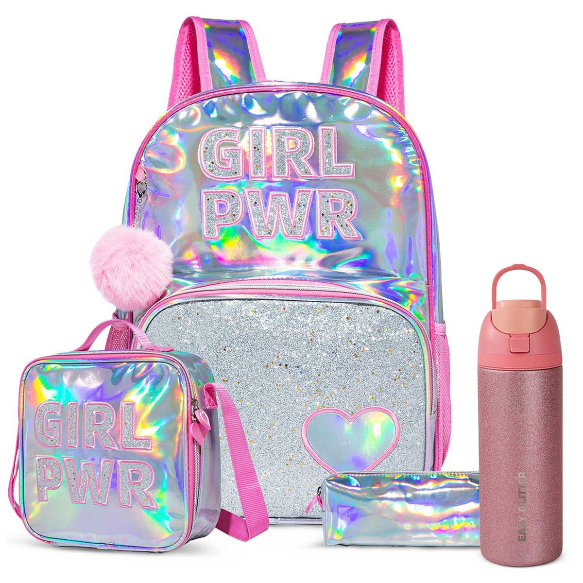 Eazy Kids Girl Power School Bag with Glitter Stainless Steel Water Bottle