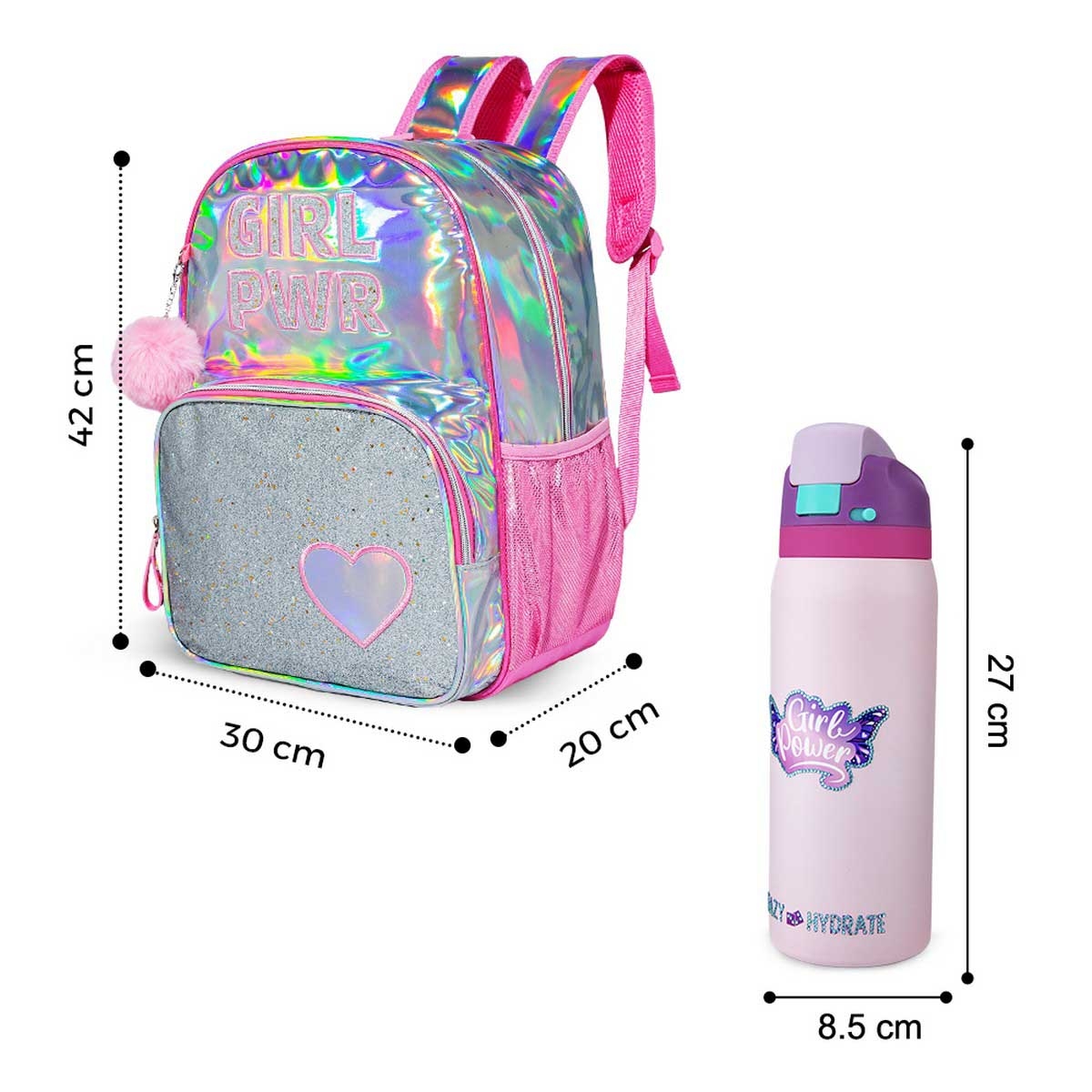 Eazy Kids Girl Power School Bag with Stainless Steel Water Bottle