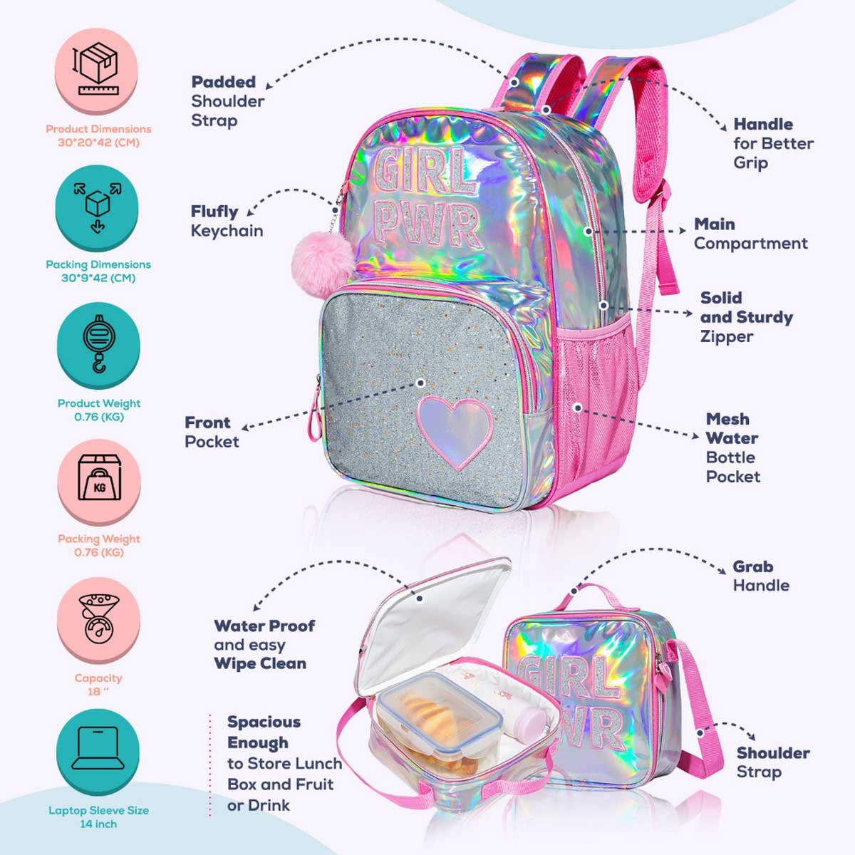 Eazy Kids Girl Power School Bag with Stainless Steel Water Bottle