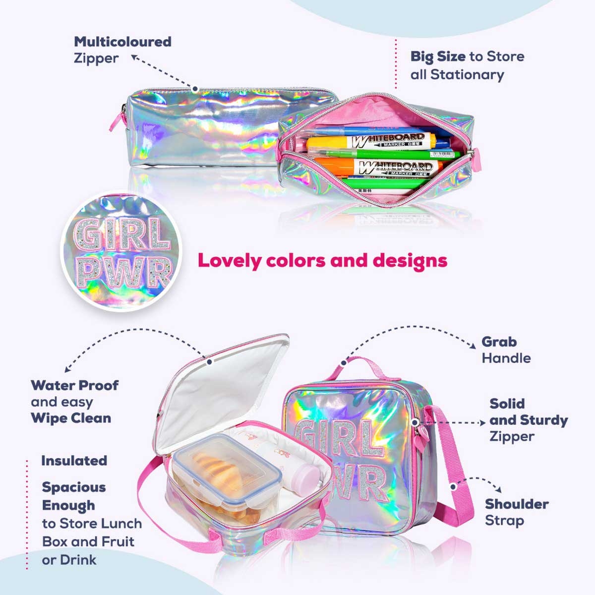 Eazy Kids Girl Power School Bag with Stainless Steel Water Bottle