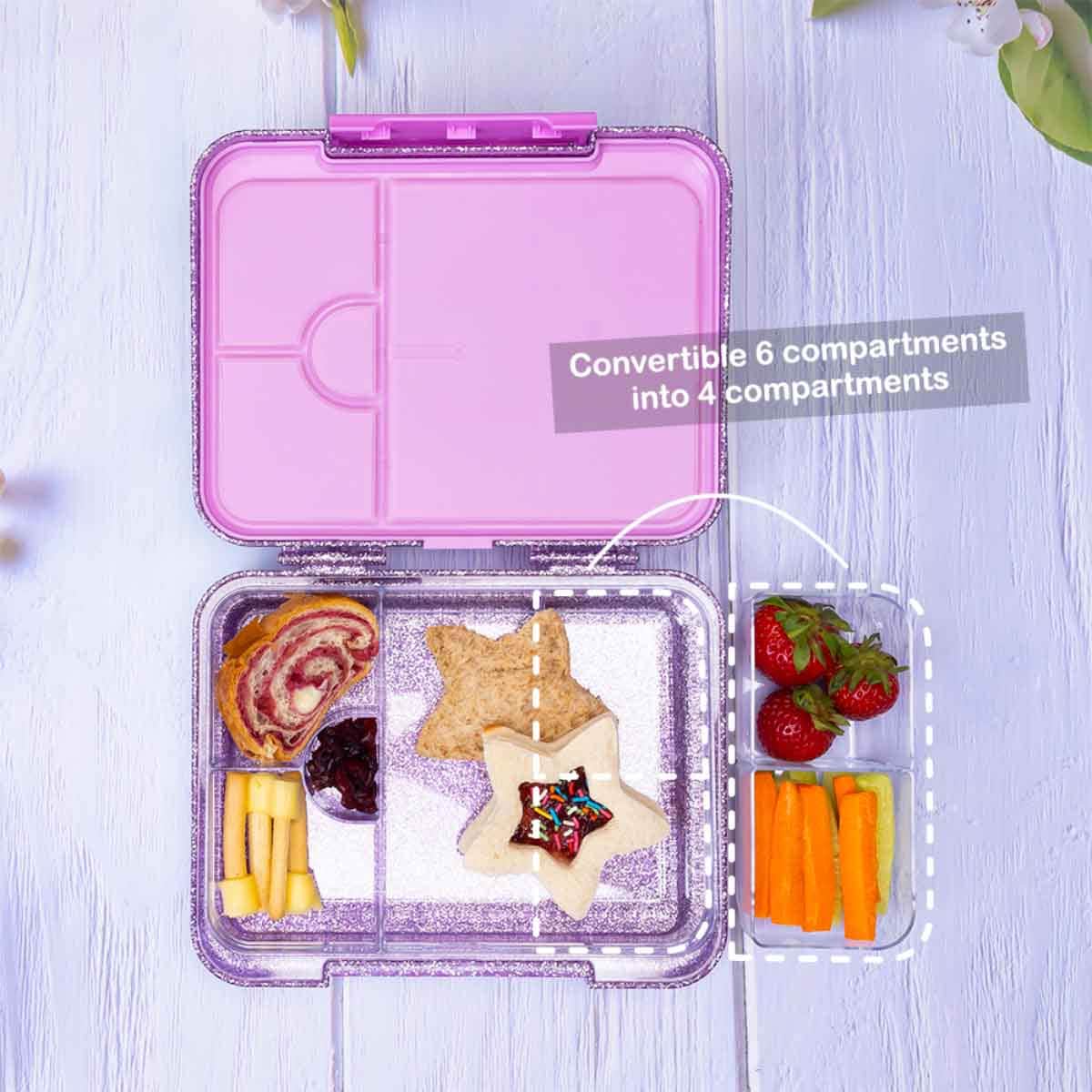Eazy Kids Glitter Purple 6 & 4 Convertible Bento Lunch Box with Lunch Bag Set Unisex, 3-4 Years