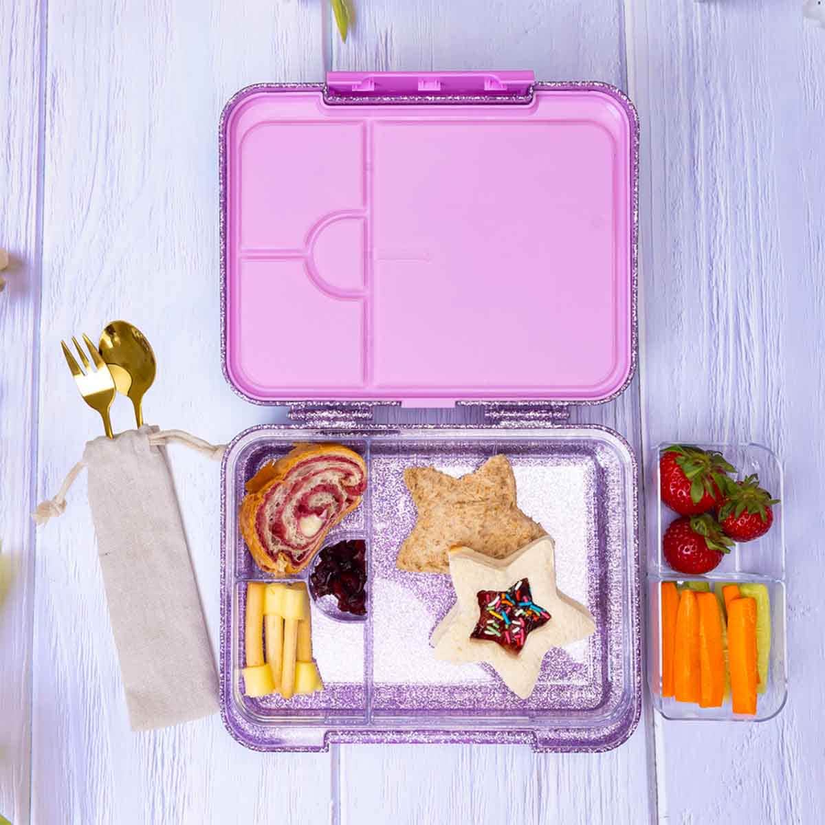 Eazy Kids Glitter Purple 6 & 4 Convertible Bento Lunch Box with Lunch Bag Set Unisex, 3-4 Years