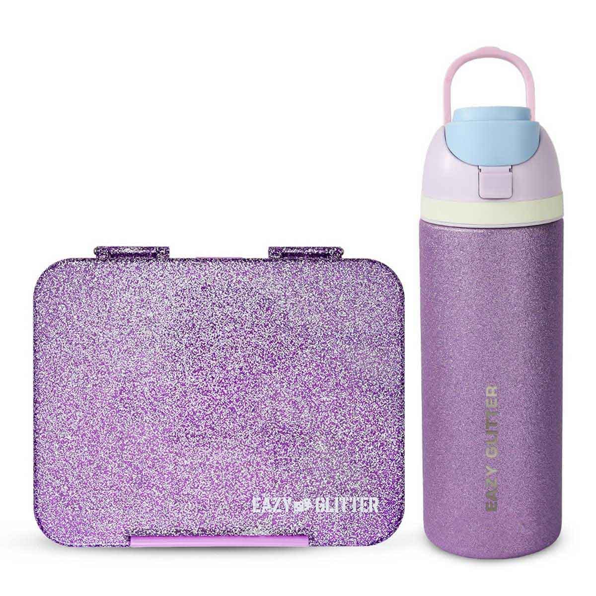 Eazy Kids Glitter Purple Convertible Bento Lunch Box with 720ml Stainless Steel Water Bottle