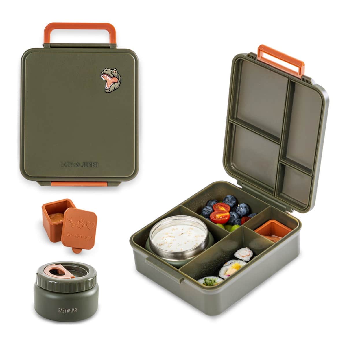 Eazy Kids Green Jumbo Bento Lunch Box with Lunch Bag, Thermos & Dip Jar Set