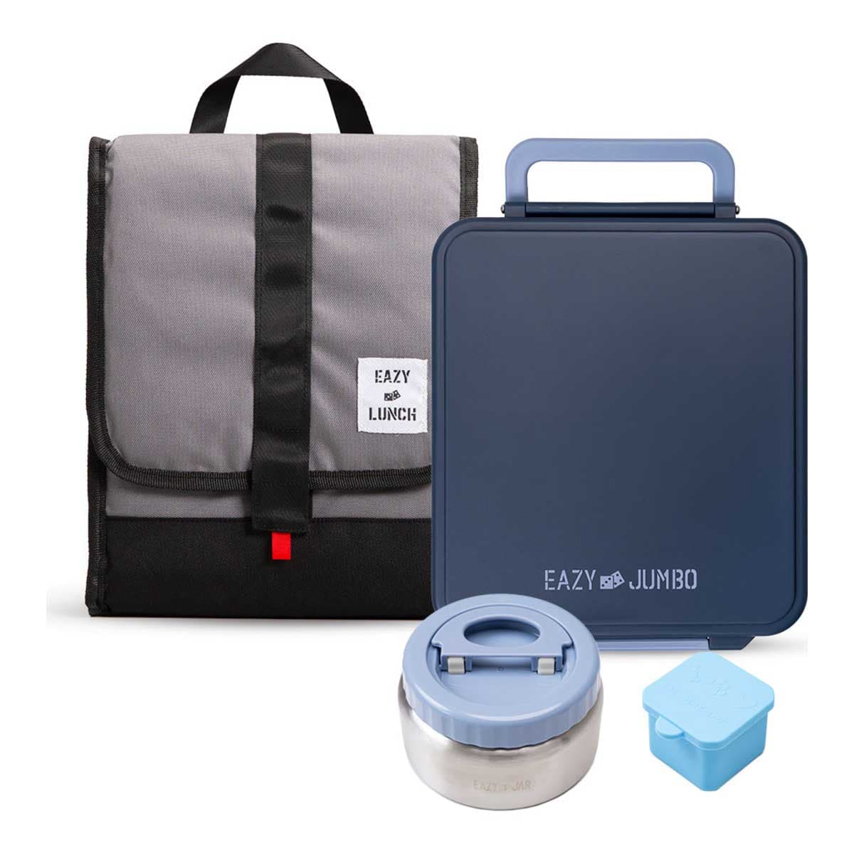 Eazy Kids Grey Jumbo Bento Box with Lunch Bag, Thermos & Dip Jar Set