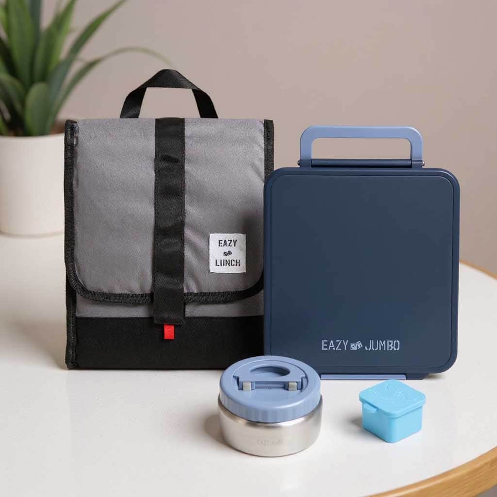 Eazy Kids Grey Jumbo Bento Box with Lunch Bag, Thermos & Dip Jar Set