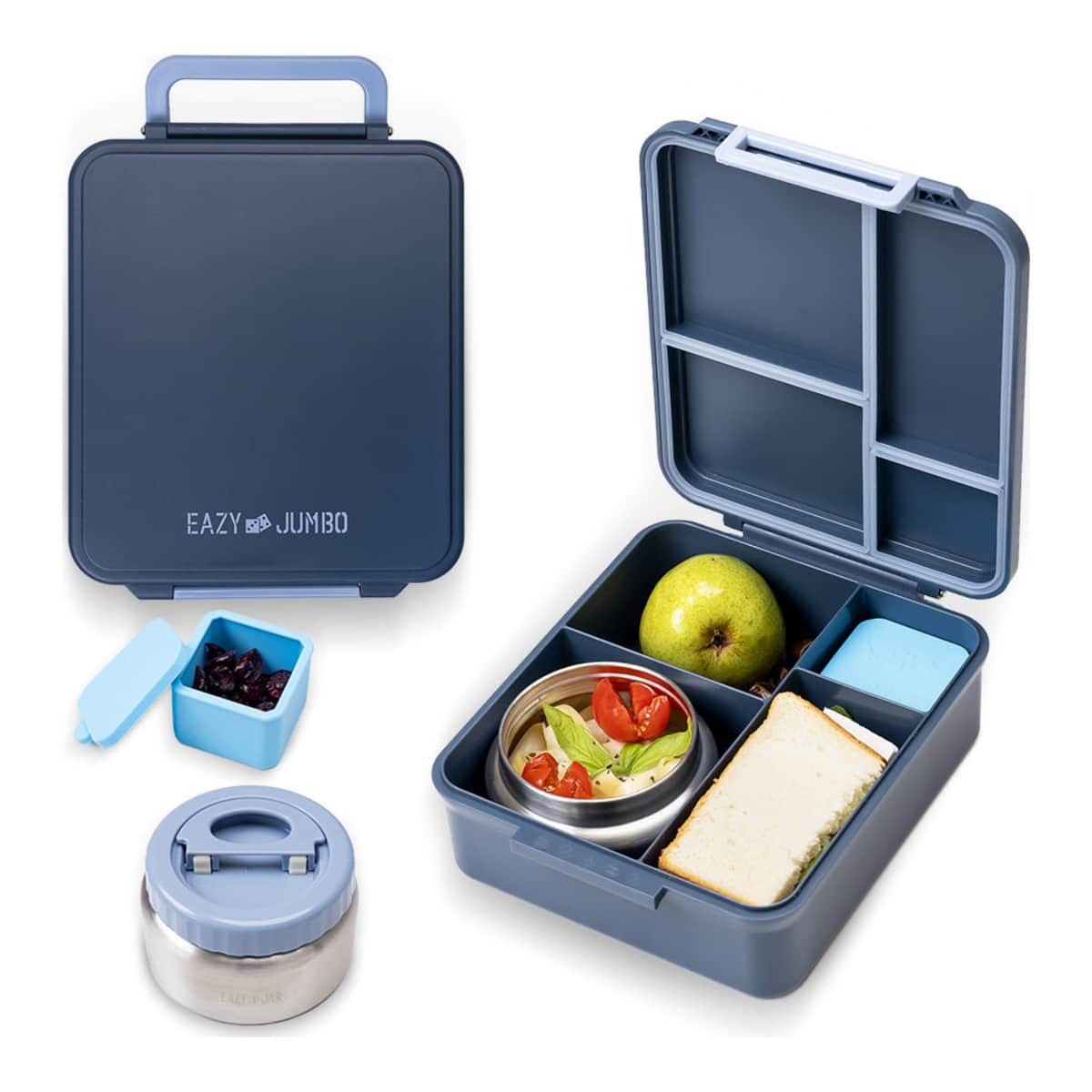 Eazy Kids Grey Jumbo Bento Box with Lunch Bag, Thermos & Dip Jar Set