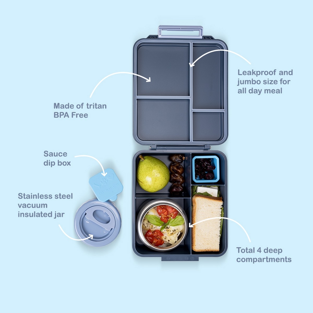 Eazy Kids Jumbo Bento Lunch Box with 850ml Tritan Water Bottle