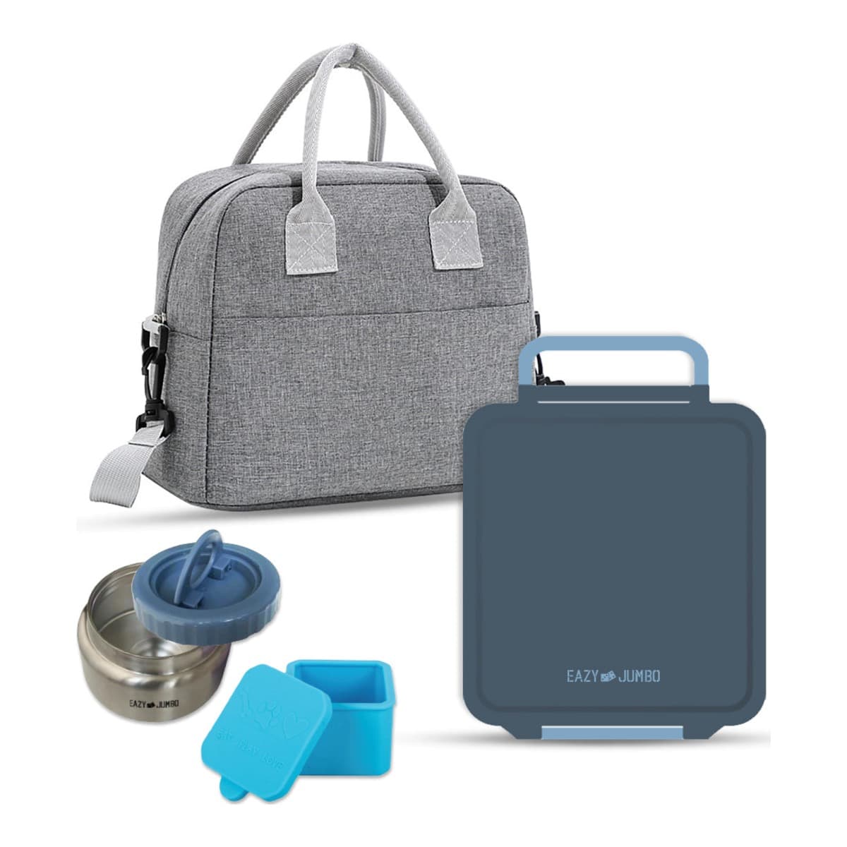 Eazy Kids Grey Jumbo Bento Lunch Box with Lunch Bag, Thermos & Dip Jar Set
