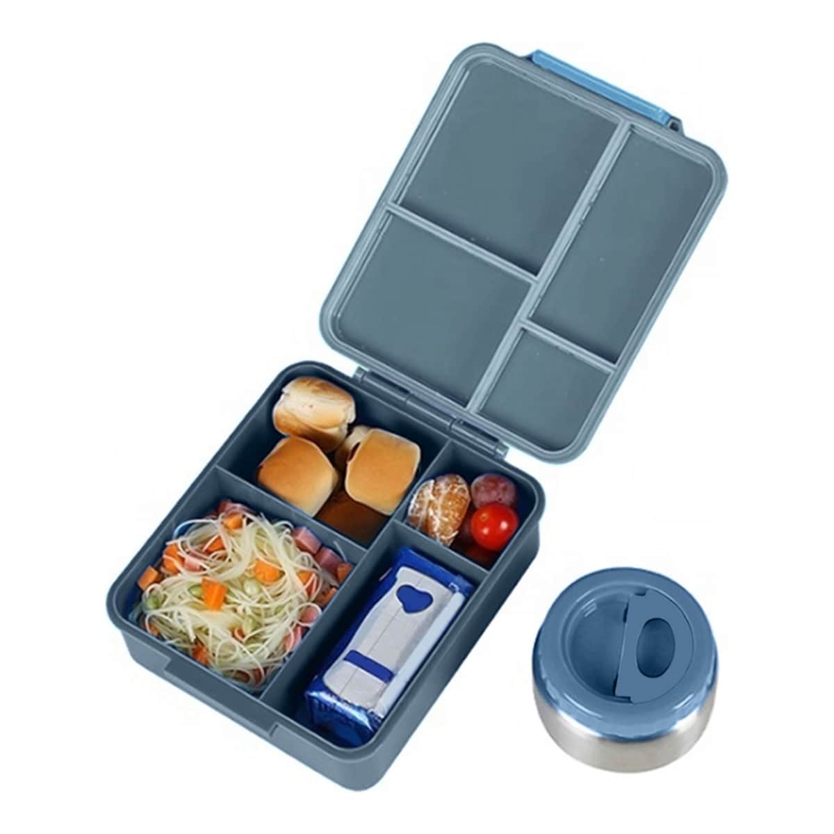Eazy Kids Grey Jumbo Bento Lunch Box with Lunch Bag, Thermos & Dip Jar Set