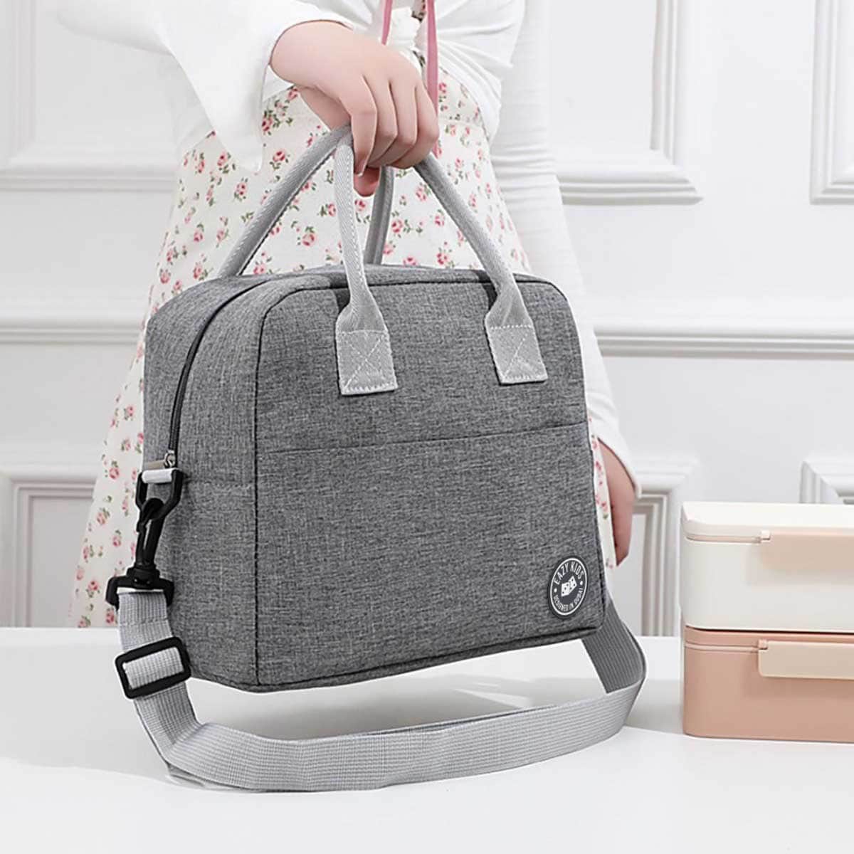 Eazy Kids Grey Jumbo Bento Lunch Box with Lunch Bag, Thermos & Dip Jar Set