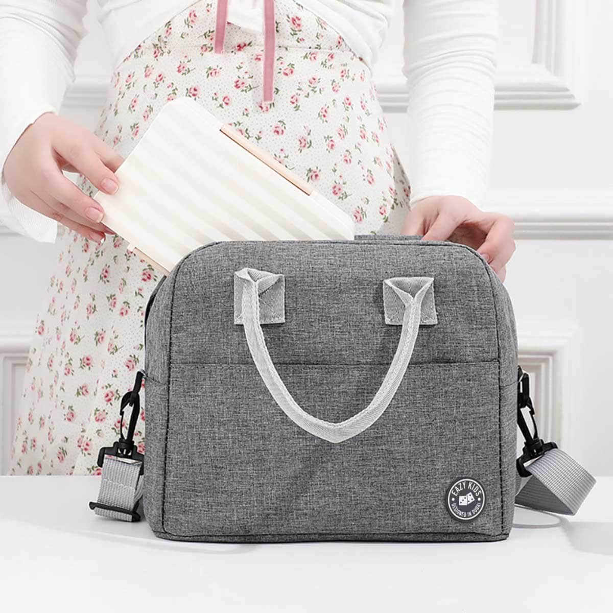 Eazy Kids Grey Jumbo Bento Lunch Box with Lunch Bag, Thermos & Dip Jar Set