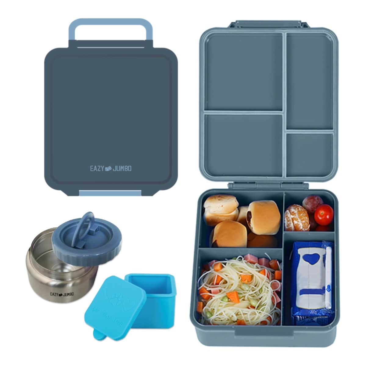 Eazy Kids Grey Jumbo Bento Lunch Box with Lunch Bag, Thermos & Dip Jar Set