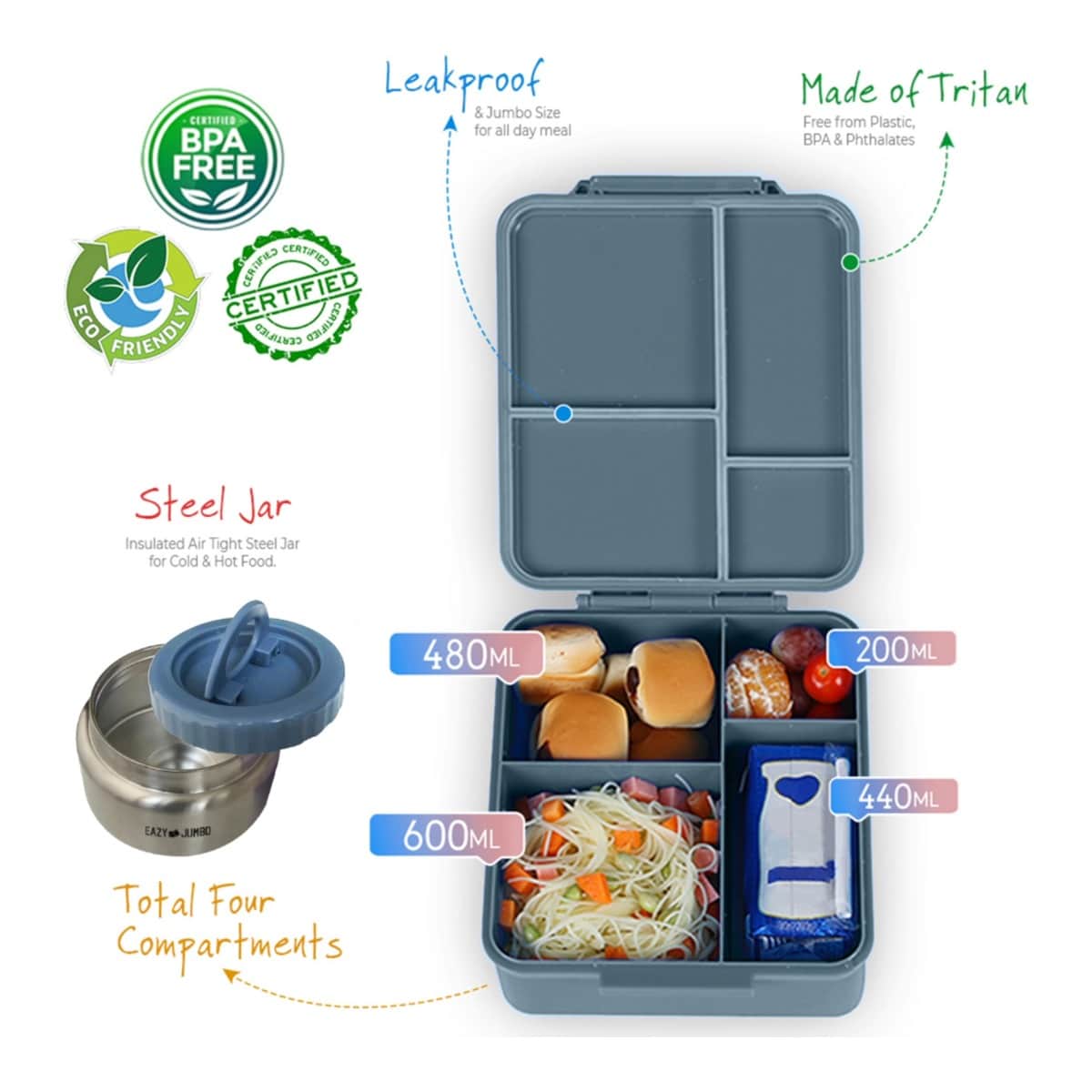 Eazy Kids Grey Jumbo Bento Lunch Box with Lunch Bag, Thermos & Dip Jar Set
