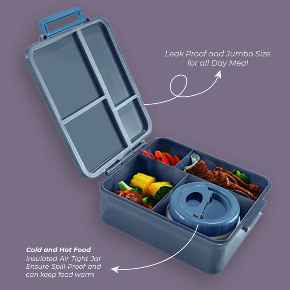 Eazy Kids Grey Jumbo Bento Lunch Box with Lunch Bag, Thermos & Dip Jar Set