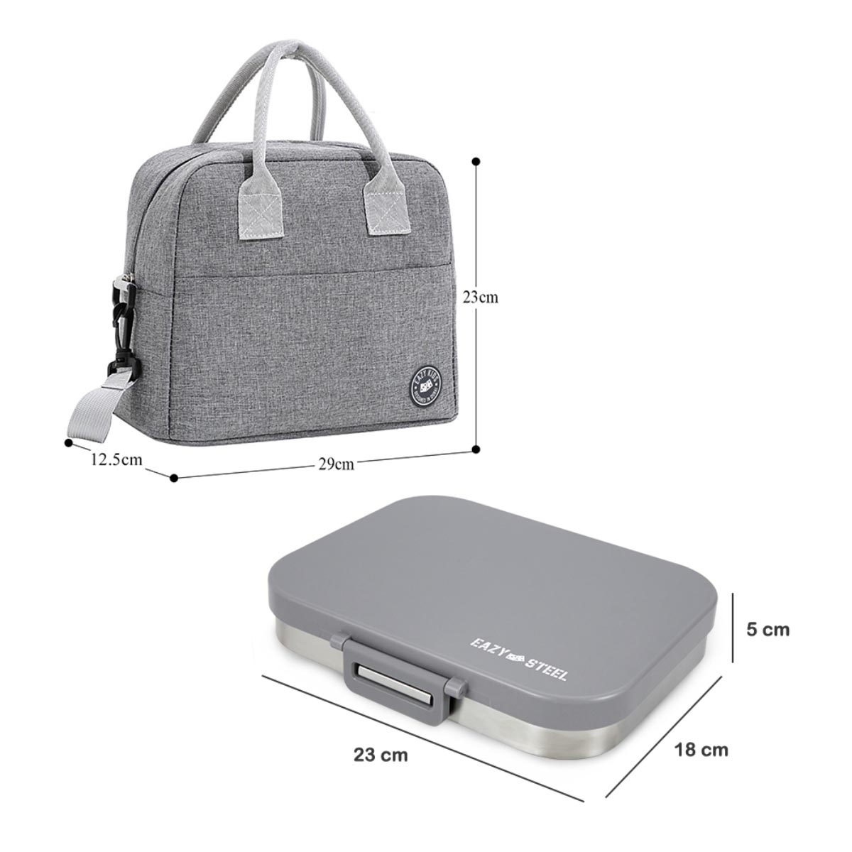 Eazy Kids Grey Premium Lunch Box with Insulated Lunch Bag