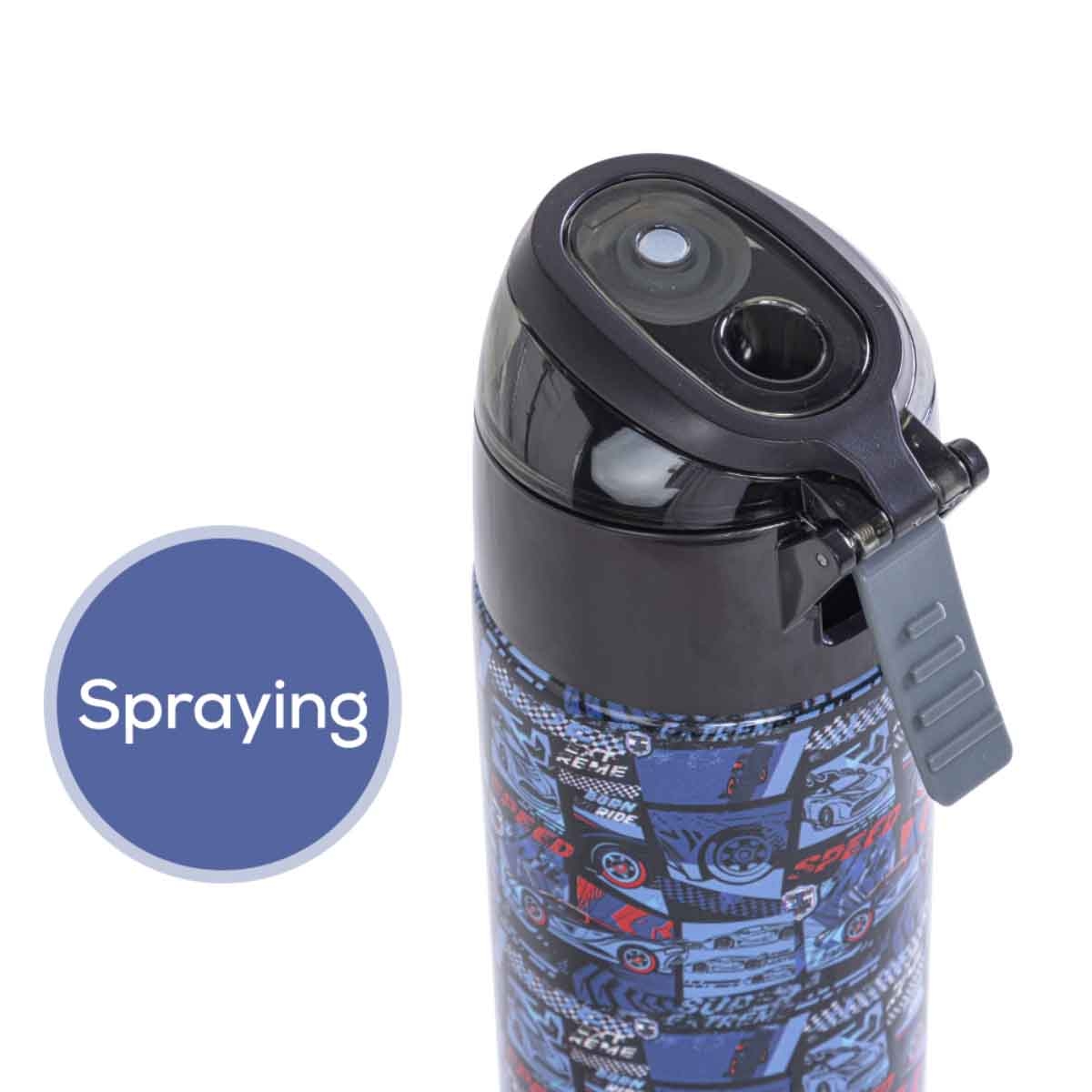 إيزي كيدز زجاجة ماء ستيل معزولة 640 مل بتصميم سباق سيارات مع بخاخ