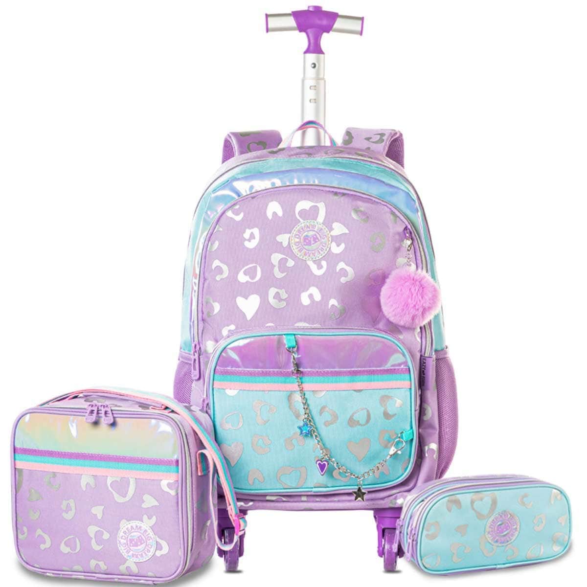 Eazy Kids Love Purple 17" Trolley School Bag with Lunch Bag & Pencil Pouch Set