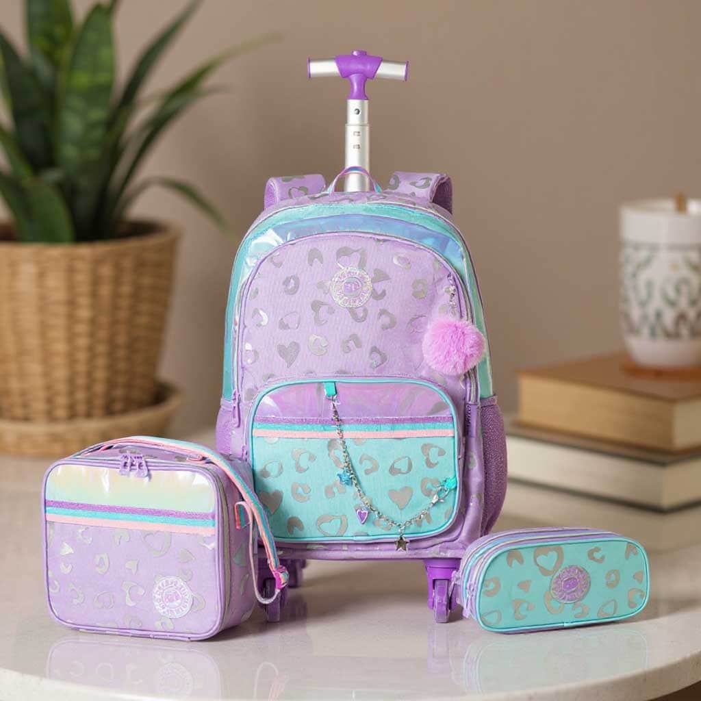 Eazy Kids Love Purple 17" Trolley School Bag with Lunch Bag & Pencil Pouch Set