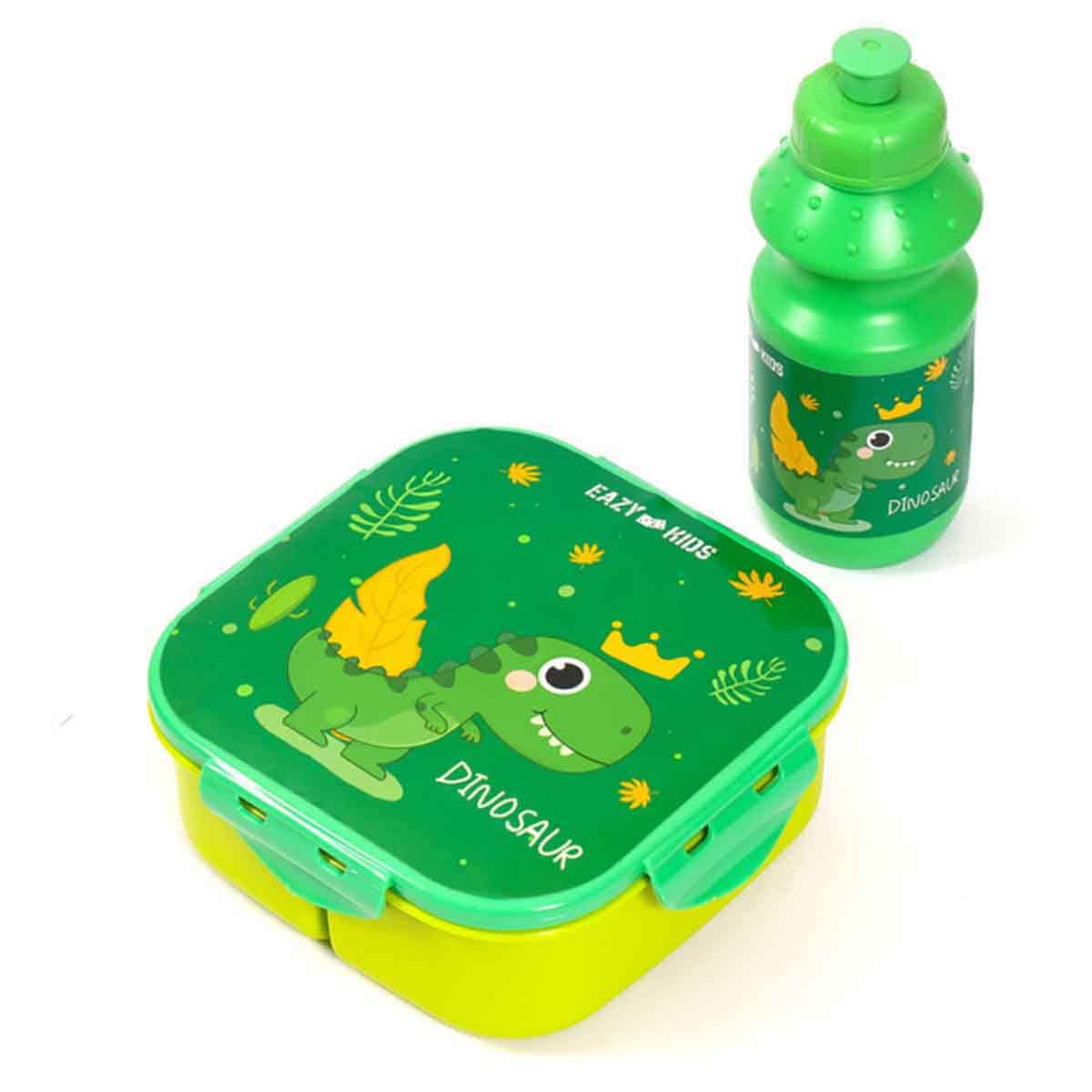Eazy Kids Dino Green Lunch Box & Water Bottle with Bag