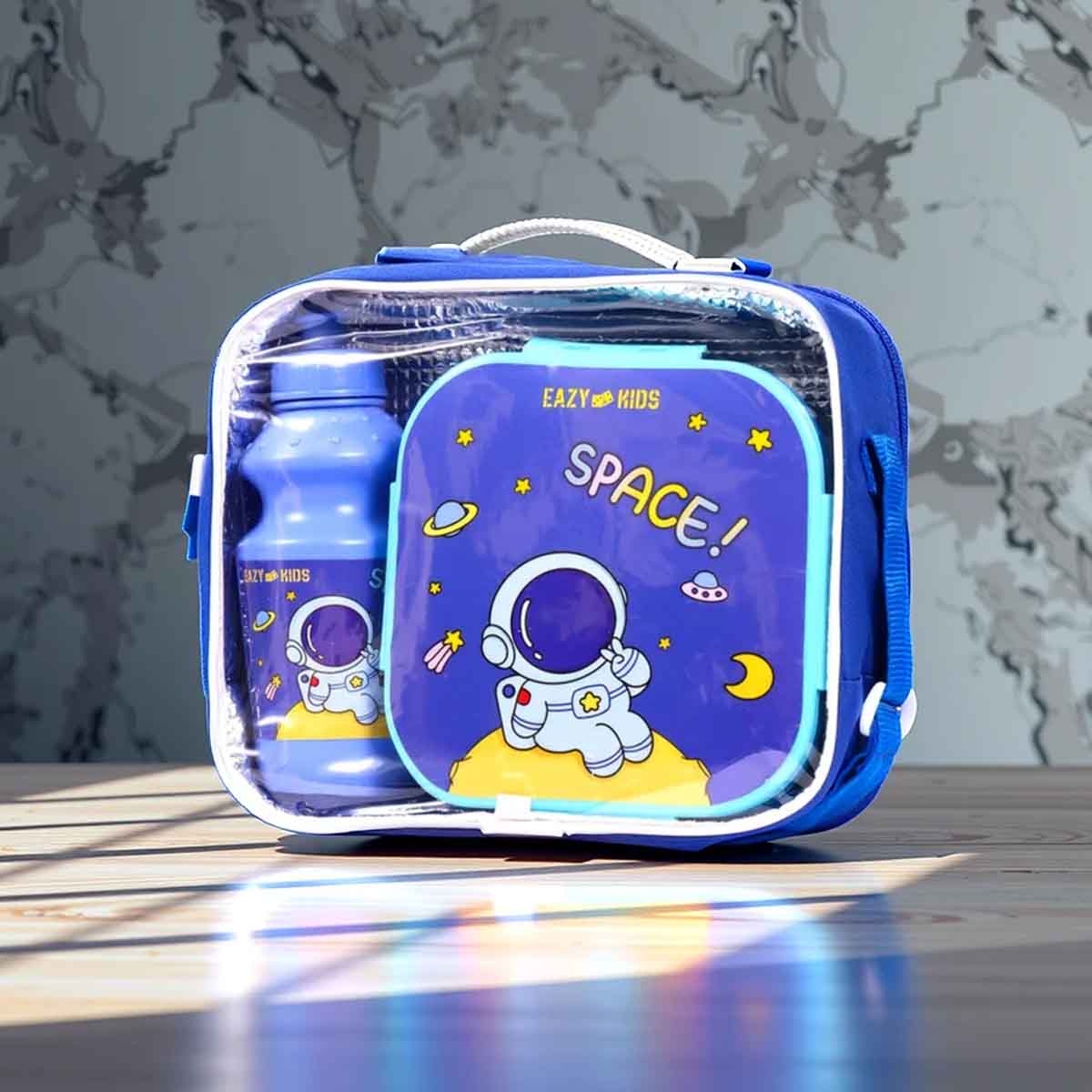 Eazy Kids Space Blue Lunch Box & Water Bottle with Bag