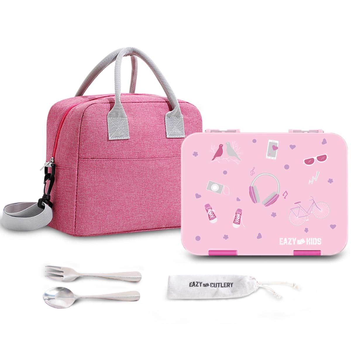 Eazy Kids Pink Convertible Bento Lunch Box with Insulated Lunch Bag