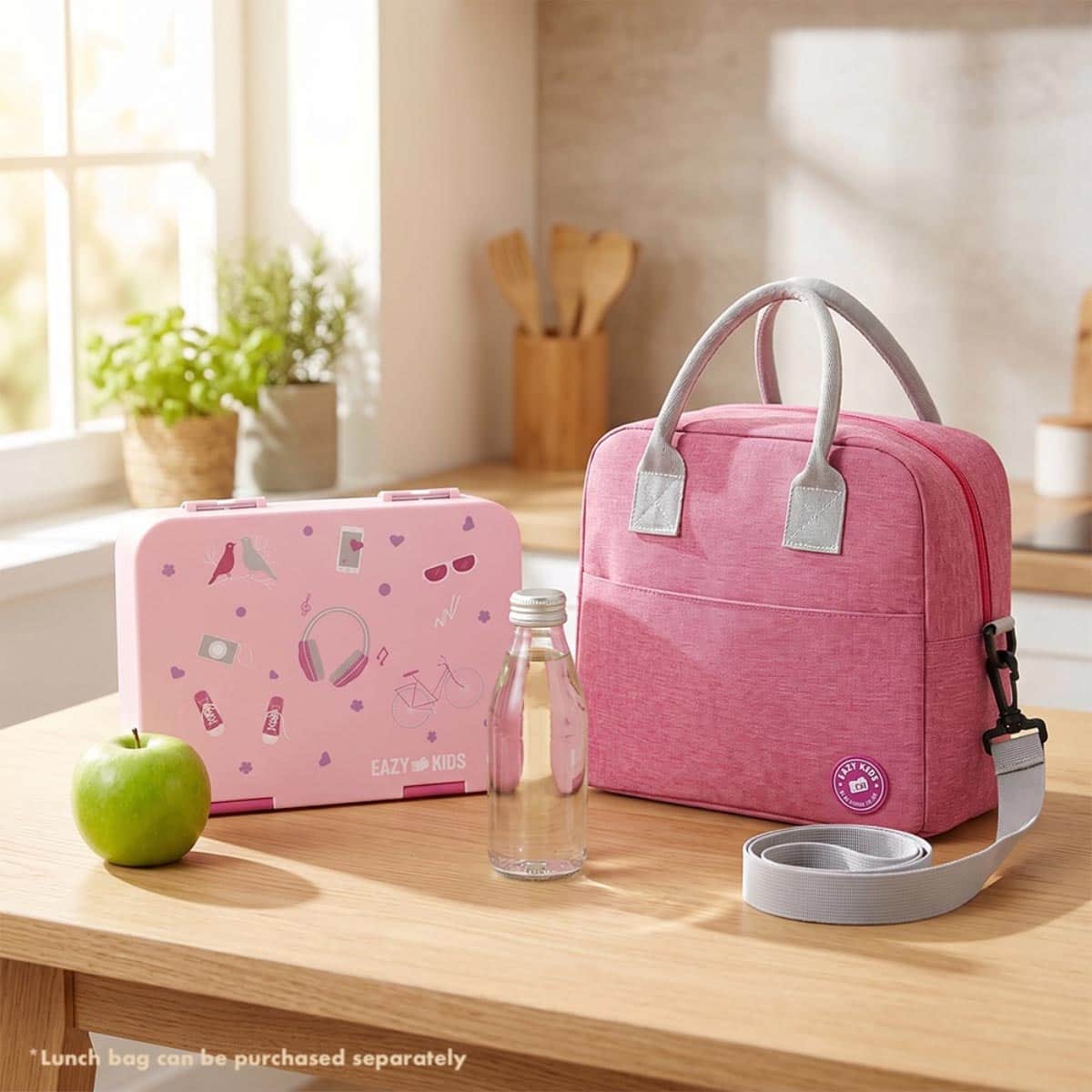 Eazy Kids Pink Convertible Bento Lunch Box with Insulated Lunch Bag