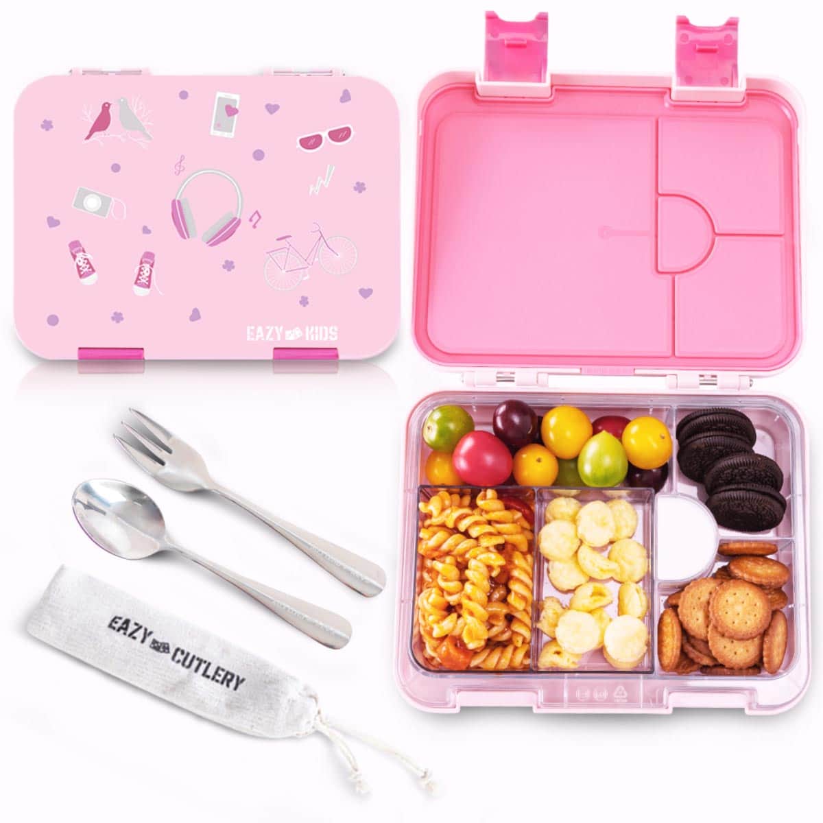 Eazy Kids Pink Convertible Bento Lunch Box with Insulated Lunch Bag