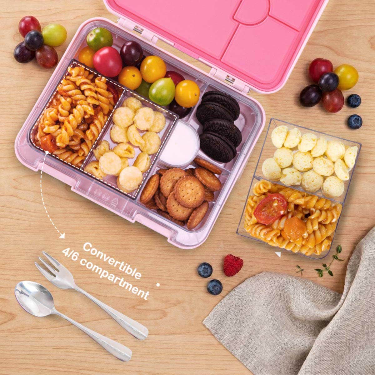 Eazy Kids Pink Convertible Bento Lunch Box with Insulated Lunch Bag