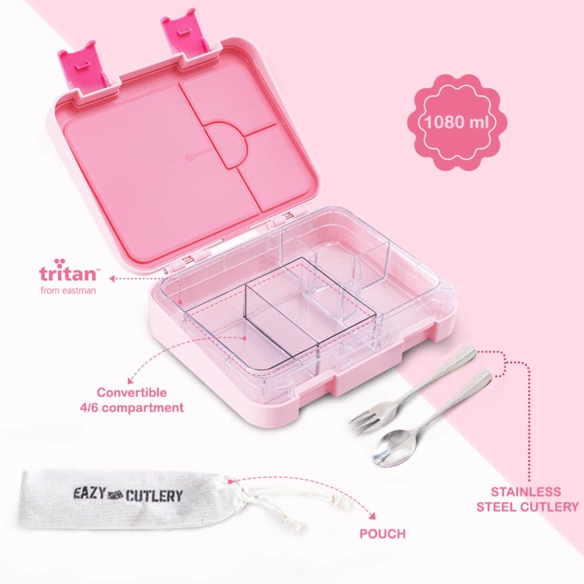 Eazy Kids Pink Convertible Bento Lunch Box with Insulated Lunch Bag