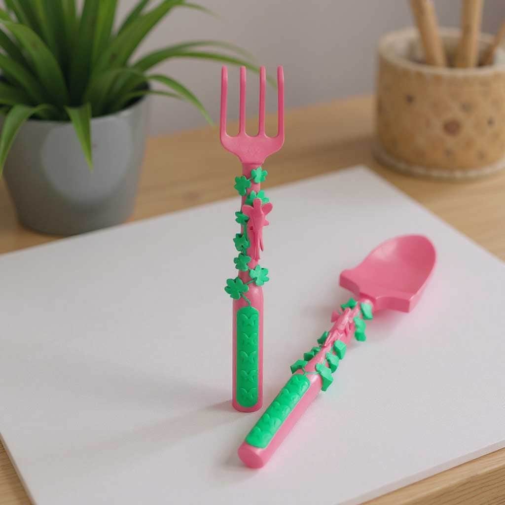Eazy Kids Pink Gardening Spoon, Fork & Pusher Set
