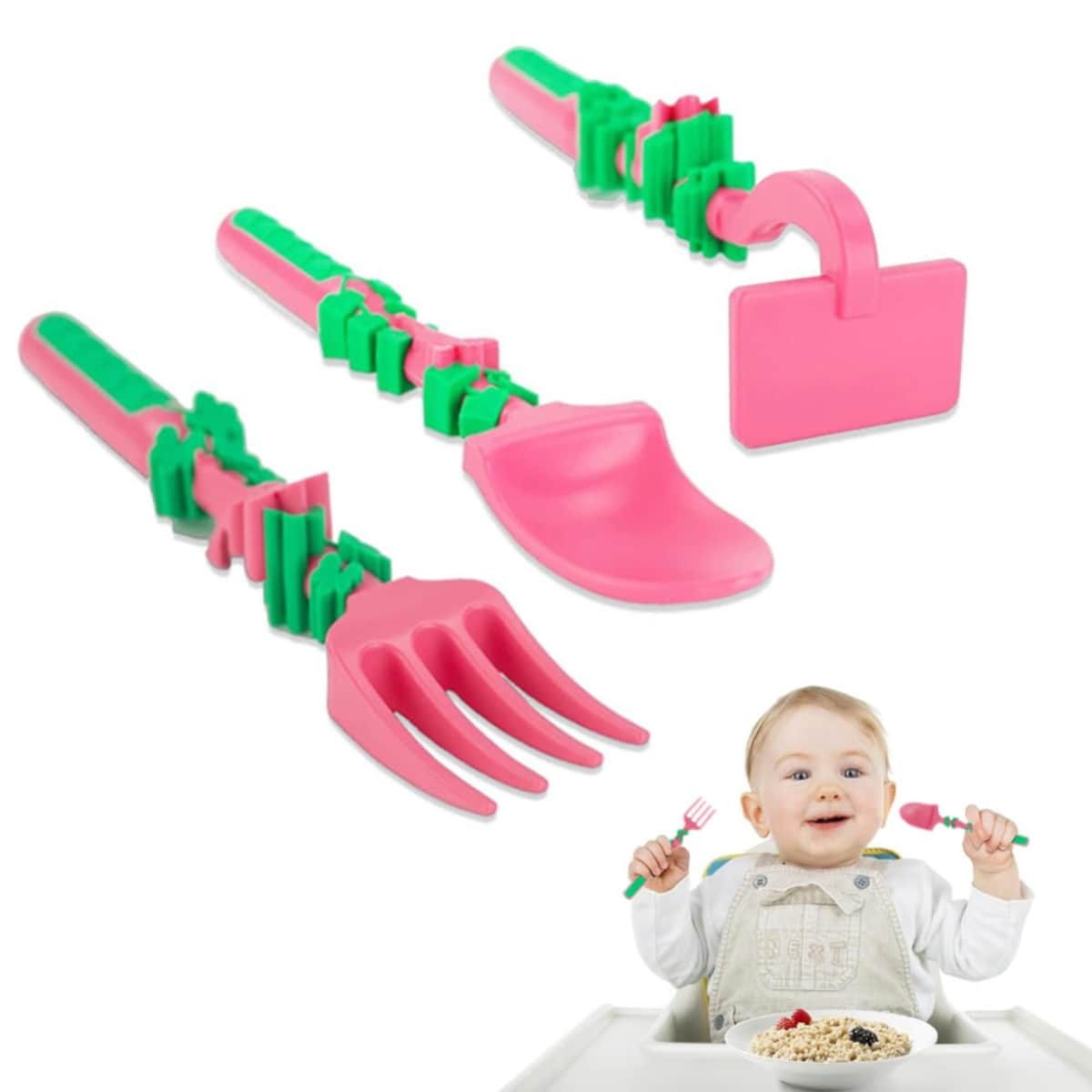 Eazy Kids Pink Gardening Spoon, Fork & Pusher Set