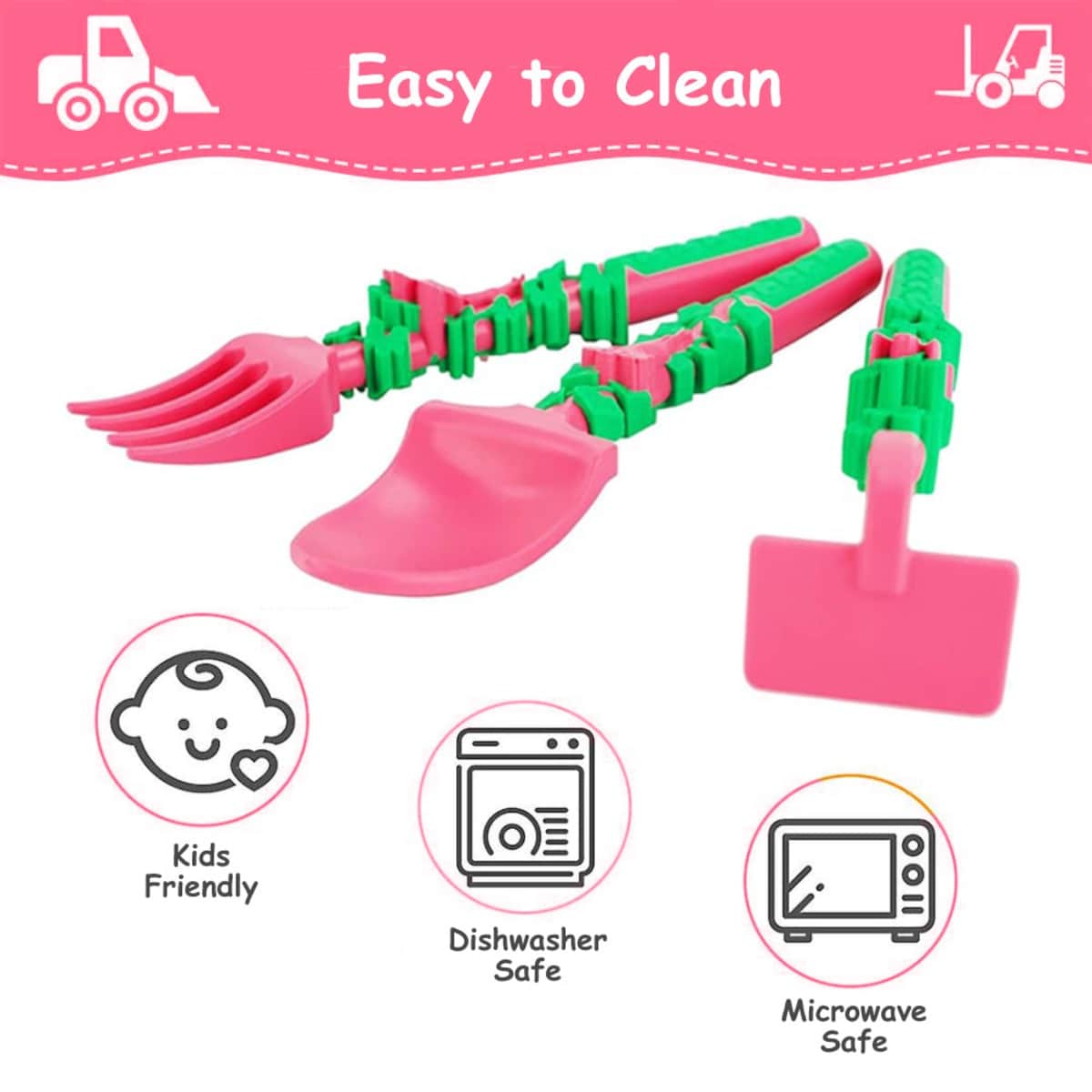 Eazy Kids Pink Gardening Spoon, Fork & Pusher Set