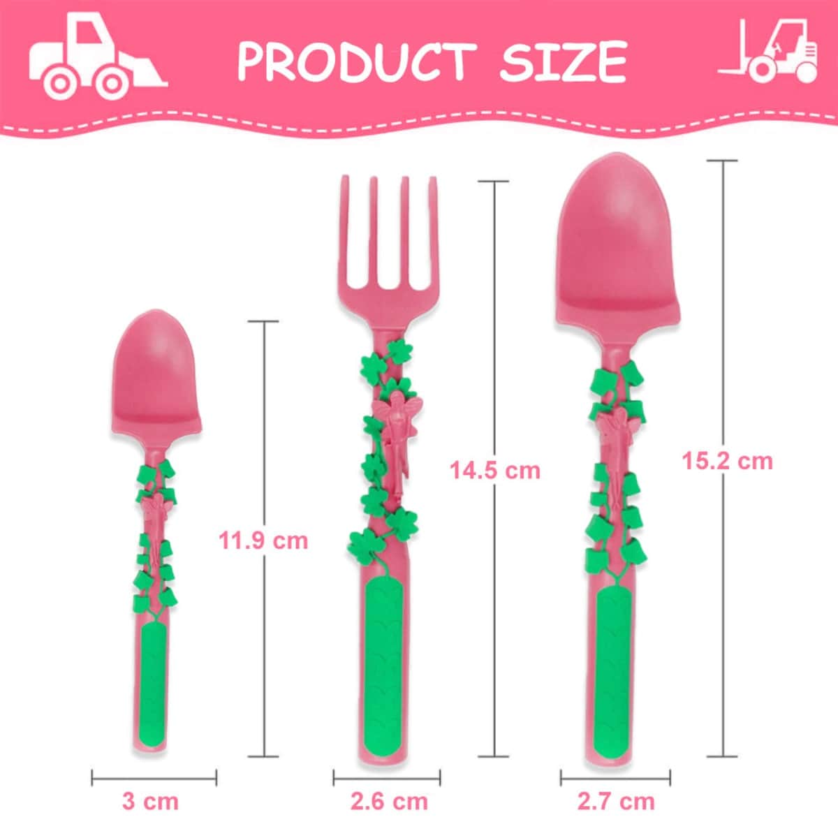 Eazy Kids Pink Gardening Spoon, Fork & Pusher Set