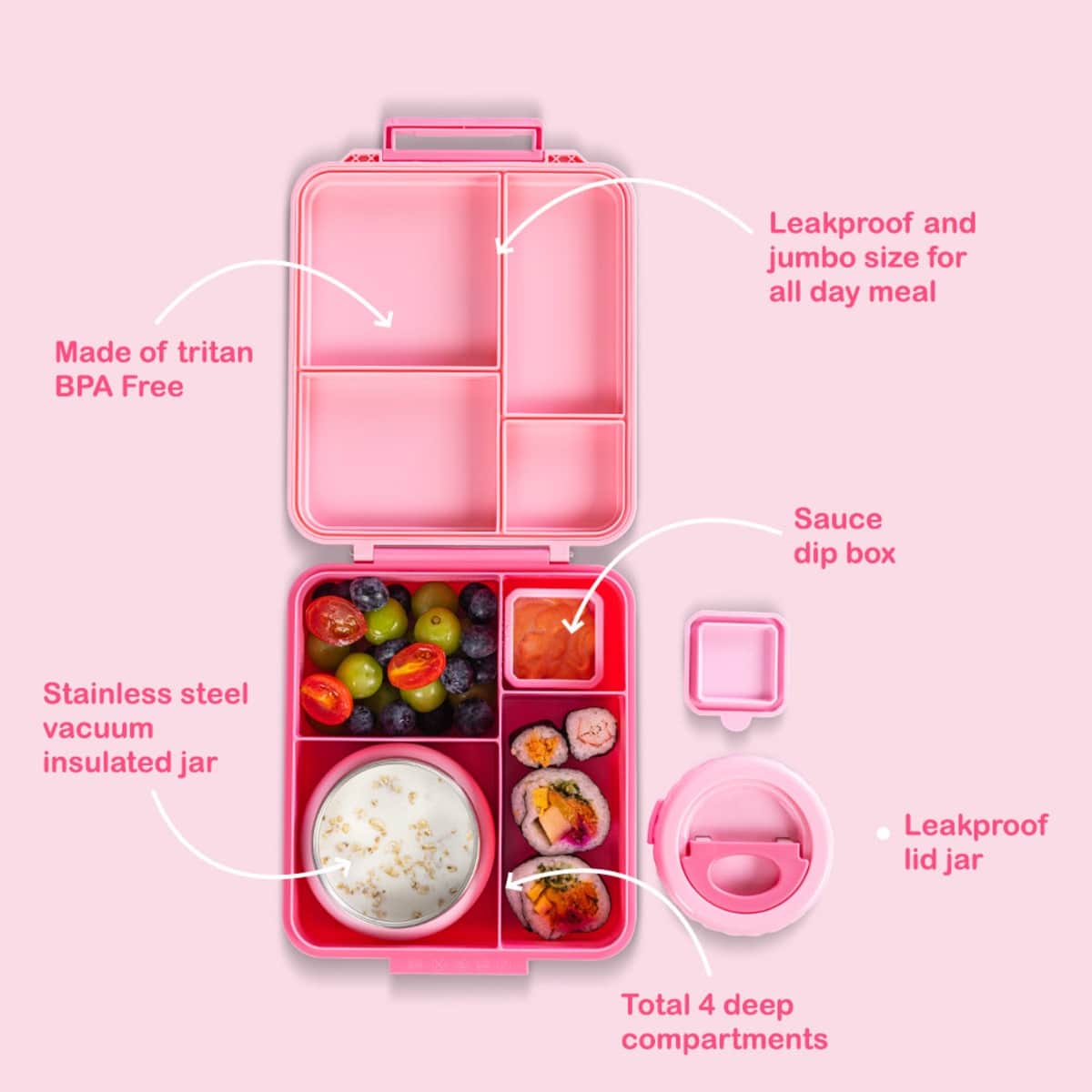 Eazy Kids Pink Jumbo Bento Lunch Box with Thermos & Dip Jar Set