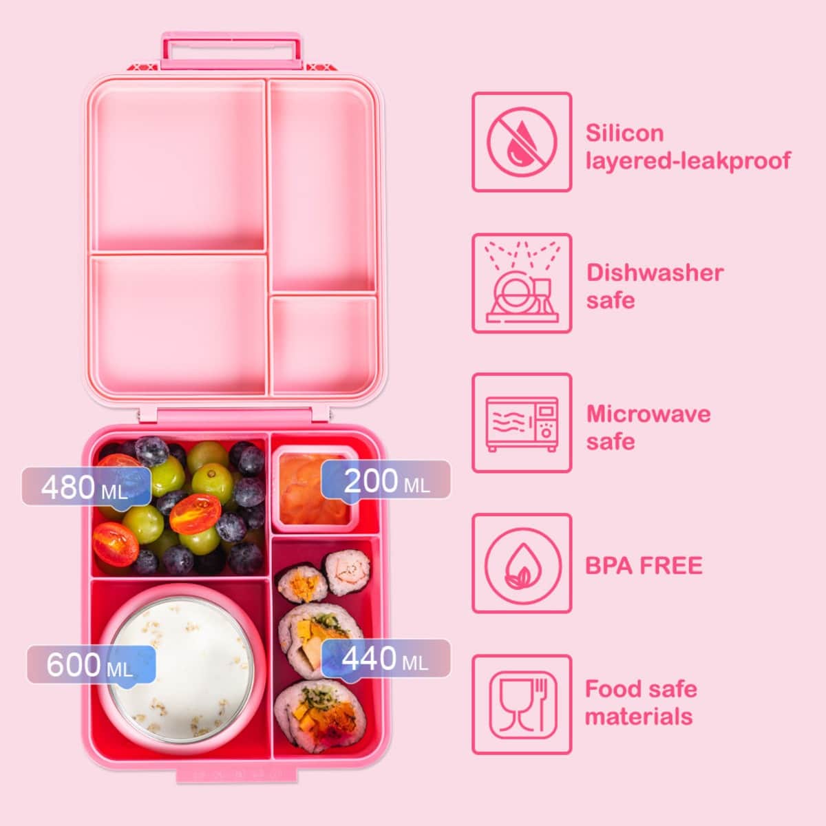 Eazy Kids Pink Jumbo Bento Lunch Box with Thermos & Dip Jar Set