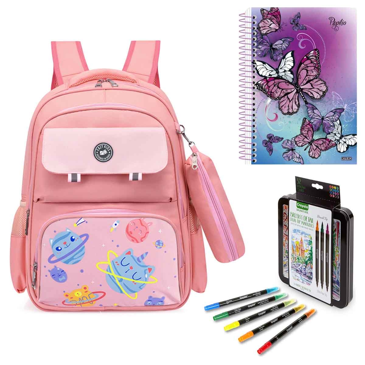 Eazy Kids Pink School Bag with SD Inovacoes Grafica Notebook & Crayola Markers Combo Pack